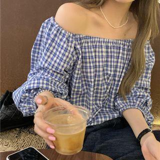 Off-shoulder Plaid Top Blue Plaid - One Size
