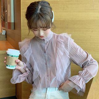 Mesh Panel Corduroy Long-sleeve Blouse