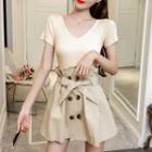 Set: Short-sleeve V-neck Knit Top + Double-breasted A-line Skirt