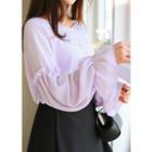 J-size - Long Frill-sleeve Chiffon Top