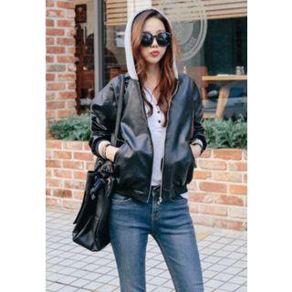 Flap-pocket Hooded Faux-leather Bomber Jacket