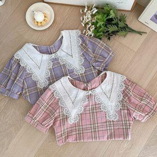 Lace-collar Puff-sleeve Plaid Blouse