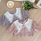 Lace-collar Puff-sleeve Plaid Blouse
