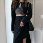 Long-sleeve Asymmetrical Hem Cropped Blazer / V-neck Leopard Print Camisole Top / Asymmetrical Midi Skirt