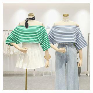Elbow-sleeve Off Shoulder Striped T-shirt