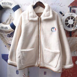Cartoon Embroidered Faux Fur Zip Jacket Off-white - One Size