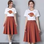 Set: Sequined Planet Short-sleeve T-shirt + A-line Midi Skirt