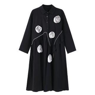 Long-sleeve Flower Applique Midi A-line Dress Black - One Size