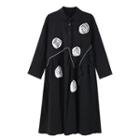 Long-sleeve Flower Applique Midi A-line Dress Black - One Size