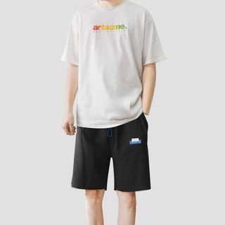 Short-sleeve Lettering T-shirt / Label Applique Shorts