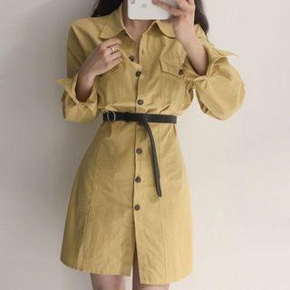 Long-sleeve Plain Slim Shirt Dress With Belt