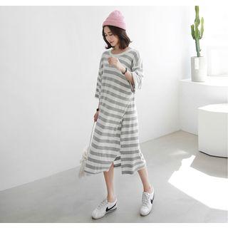 3/4-sleeve Slit-hem Striped Long T-shirt Dress