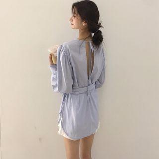 Long-sleeve Tie-waist Cutout Back Top Light Blue - One Size