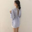 Long-sleeve Tie-waist Cutout Back Top Light Blue - One Size