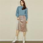 Shirred Front Velvet Midi Skirt