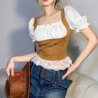 Mock Two-piece Short-sleeve Heart Ring Lace Trim Top