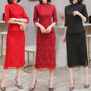 Traditional Chinese Set: Elbow-sleeve Top + Skirt