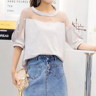 Sheer Panel Elbow-sleeve T-shirt