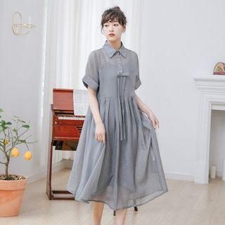 Polo-neck Short-sleeve Midi A-line Dress