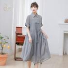 Polo-neck Short-sleeve Midi A-line Dress