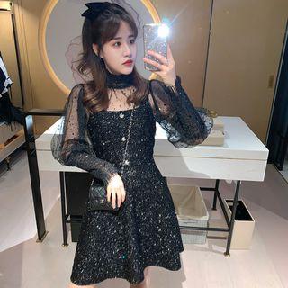 Sequined Blouse / Spaghetti Strap Mini A-line Dress