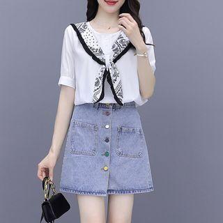 Set: Short-sleeve Printed Tie-neck T-shirt + A-line Denim Skirt