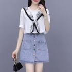 Set: Short-sleeve Printed Tie-neck T-shirt + A-line Denim Skirt