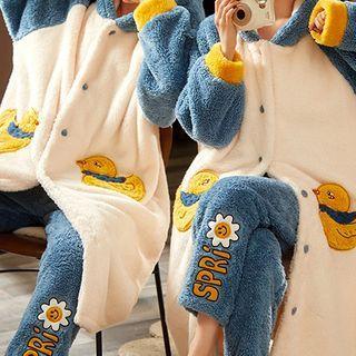 Loungewear Set : Couple Matching Coral Fleece Hooded Robe + Pants