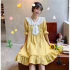 Tie-neck Elbow-sleeve Collared Dress Yellow - One Size