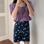 Balloon-sleeve Peplum Blouse / Floral Print A-line Denim Skirt