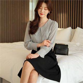 Button-front Pintuck-trim Blouse
