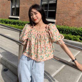 Puff-sleeve Square Neck Floral Print Chiffon Blouse