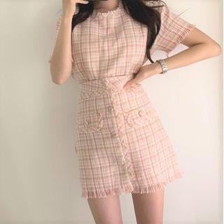 Set: Short-sleeve Tweed Top + Mini Tweed Skirt