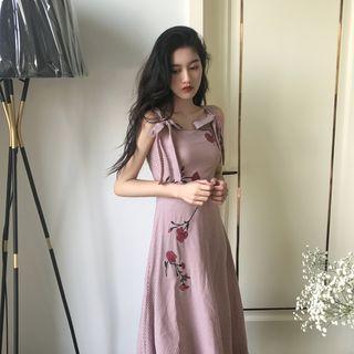 Floral Embroidered Check Strappy A-line Midi Dress