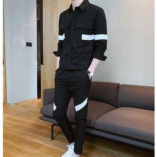 Set: Color Block Shirt + Cropped Slit-fit Pants