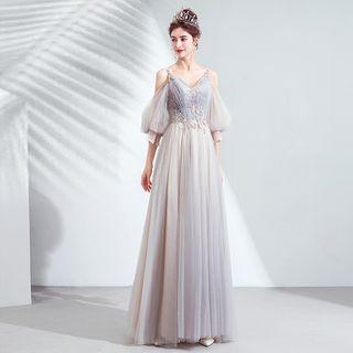 3/4 Sleeve V-neck Cold Shoulder A-line Evening Gown