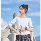 Ethnic Embroidered Elbow-sleeve T-shirt White - One Size