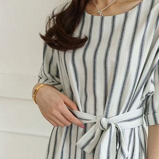 Stripe Slit-side Maxi Dress With Sash