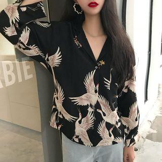 V-neck Crane Print Blouse