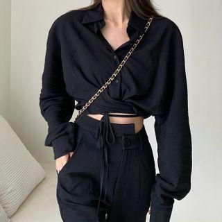 Lace-up Crop Shirt / Asymmetrical Straight Leg Pants
