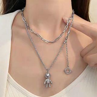 Astronaut Pendant Layered Stainless Steel Necklace Silver - One Size