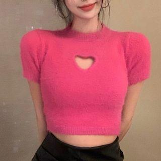 Short-sleeve Heart Cut-out Knit Top Rose Pink - One Size