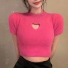 Short-sleeve Heart Cut-out Knit Top Rose Pink - One Size