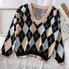 Loose-fit Argyle Knit Sweater Khaki - One Size