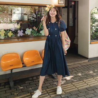 Puff-sleeve Tie-waist Denim Dress Dark Blue - One Size