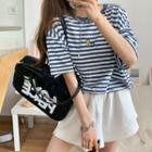 Short-sleeve Smiley Face Embroidered Striped T-shirt Blue - One Size