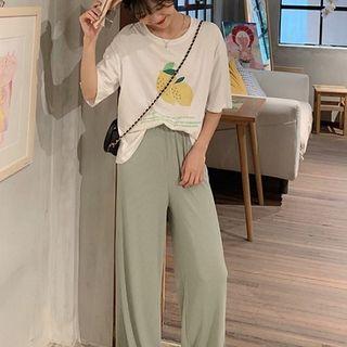 Elbow-sleeve Lemon Print T-shirt / Wide-leg Pants