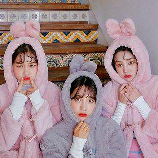 Rabbit-ear Trim Hooded Faux-fur Coat