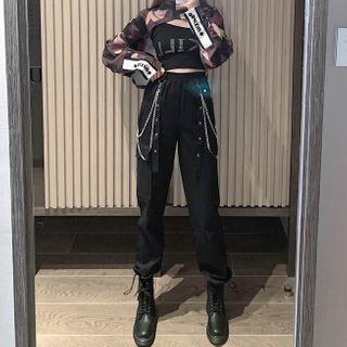 Crop Tank Top / Long-sleeve Top / Cargo Pants / Set