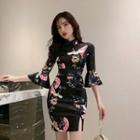 3/4-sleeve Floral Print Mini Sheath Qipao Dress